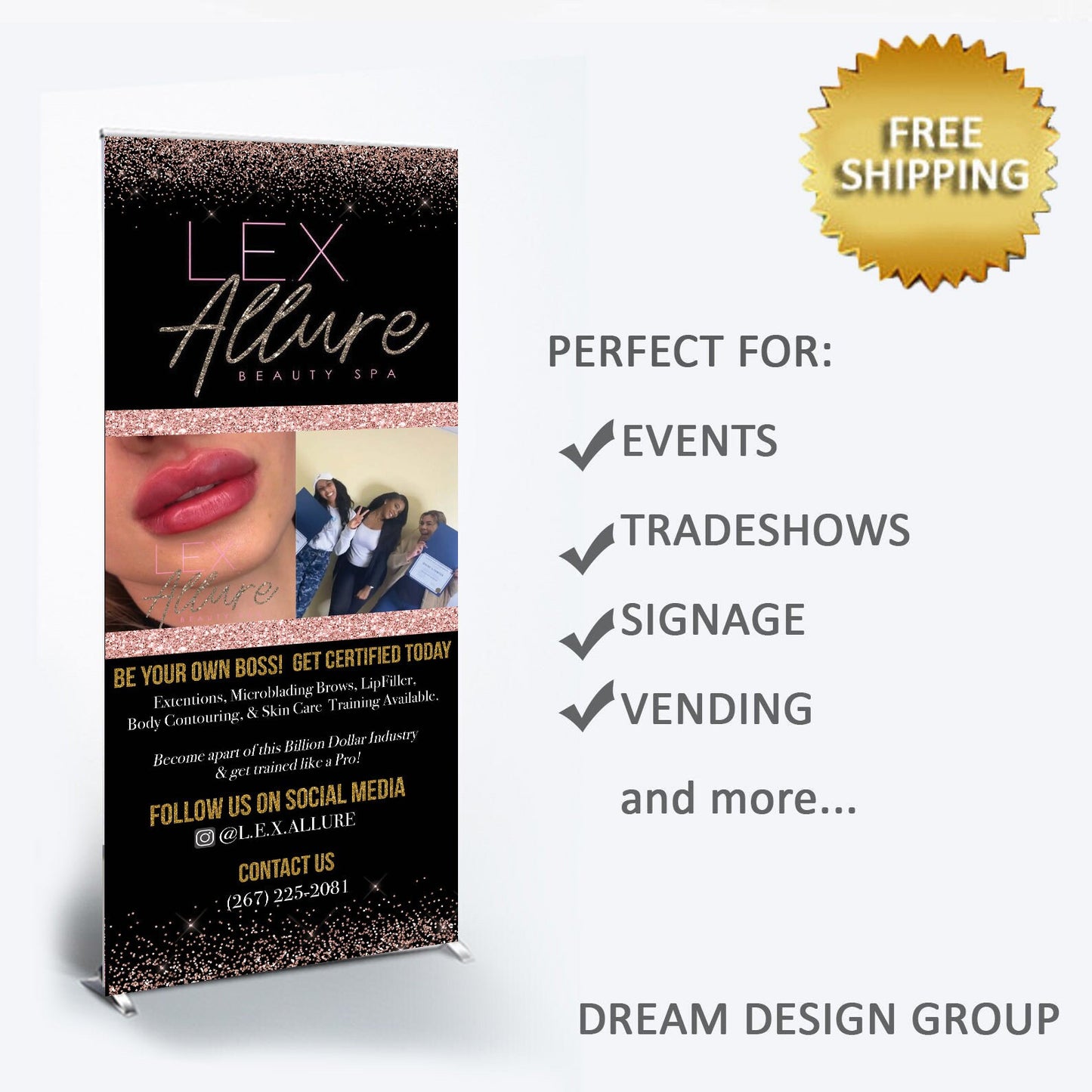 Custom Roll Up Banner Stand, Pop up shop banner,Trade show banner, Business sign, Retractable banner, Business Retractable banner, rose gold
