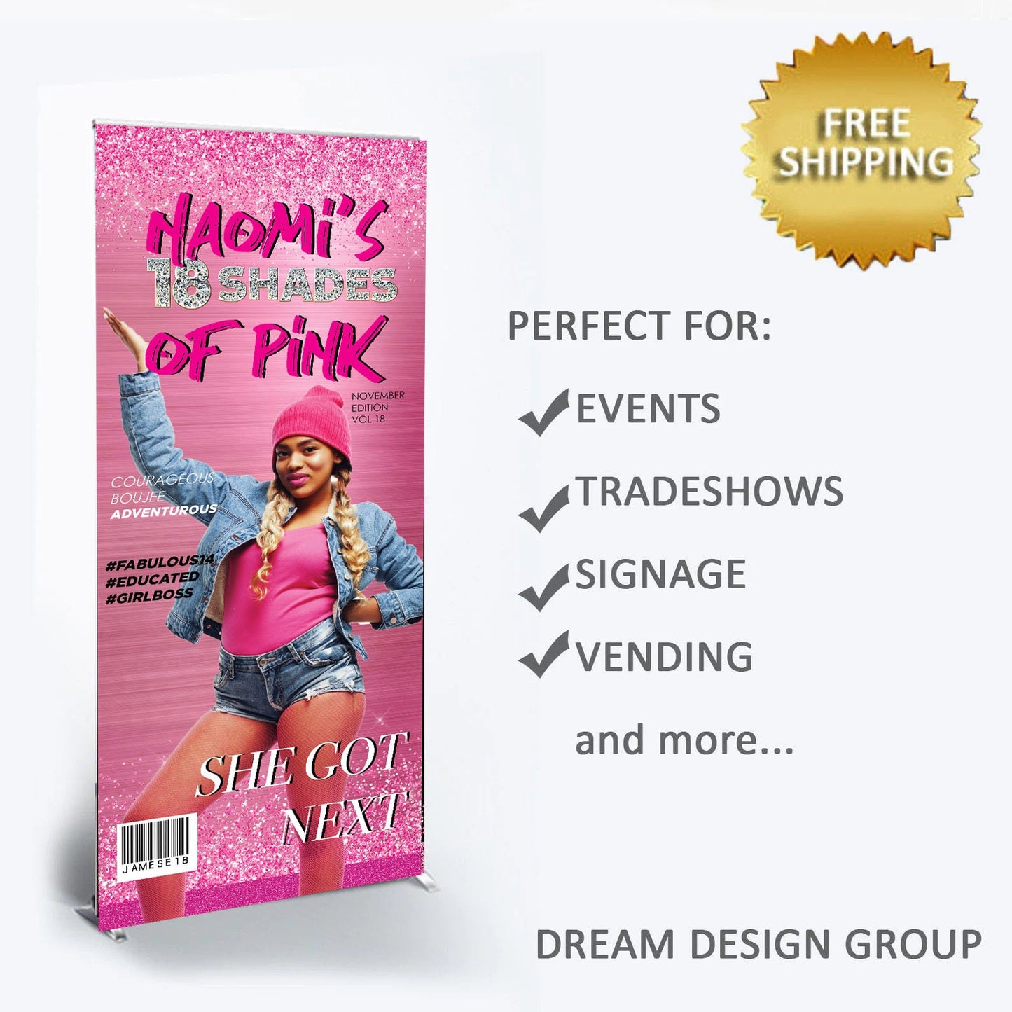 Pop up shop banner,Trade show banner, Sweet 16 banner, 18th birthday banner, Shades of pink banner, Shades of pink backdrop, Birthday banner