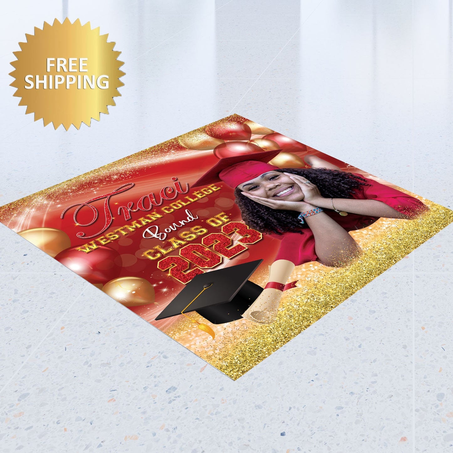 2023 Graduation decal, Removable sticker, Removable vinyl sticker,Floor Decal sticker, Grad stic, Red and gold backdrop, Graduation backdrop