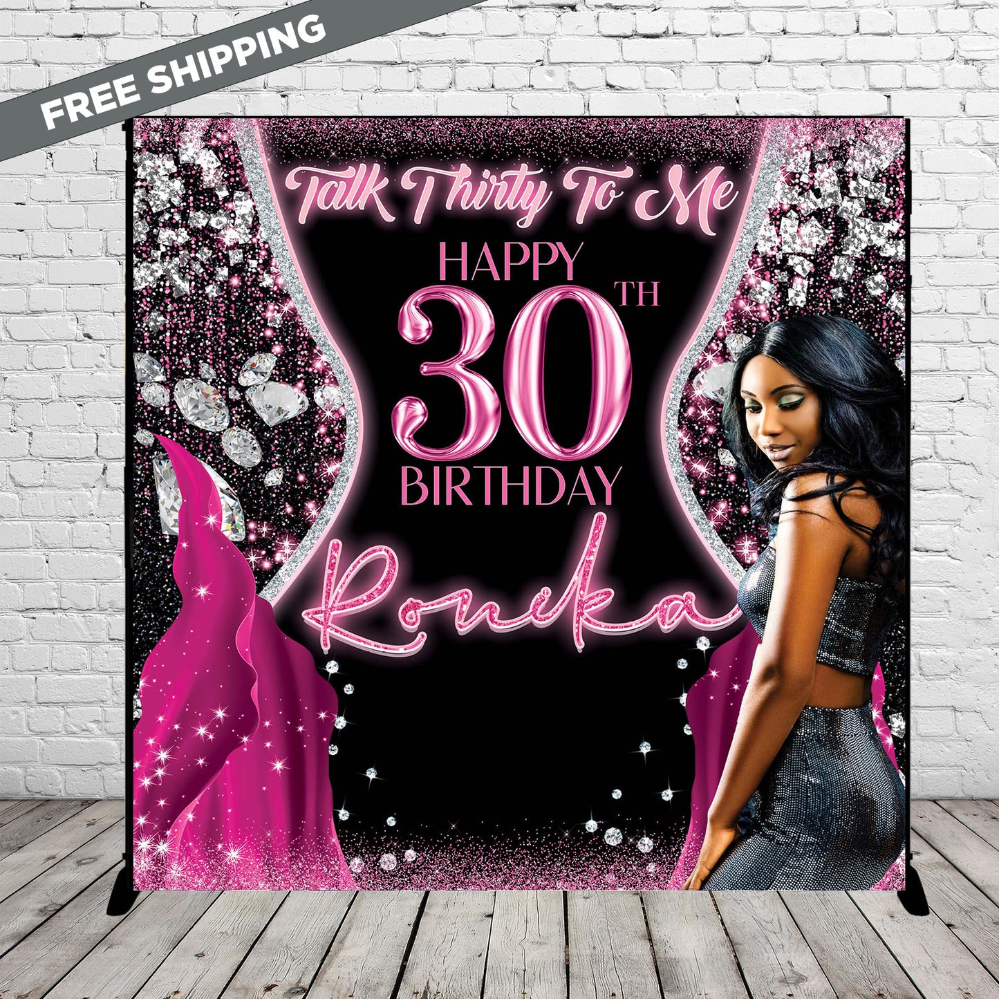 30 and Fabulous Birthday backdrop, 30th step and repeat, Black and Pink