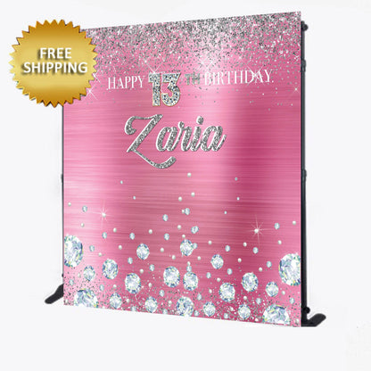 Hot Pink Backdrop, Birthday Backdrop, Sweet 16 backdrop, 13th Birthday Step and repeat backdrop, Hot Pink Birthday Banner, diamonds backdrop