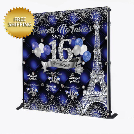 Sweet 16 backdrop, 16th Birthday backdrop, Paris backdrop, silver and blue backdrop, Paris step and repeat, Sweet 16 step and repeat