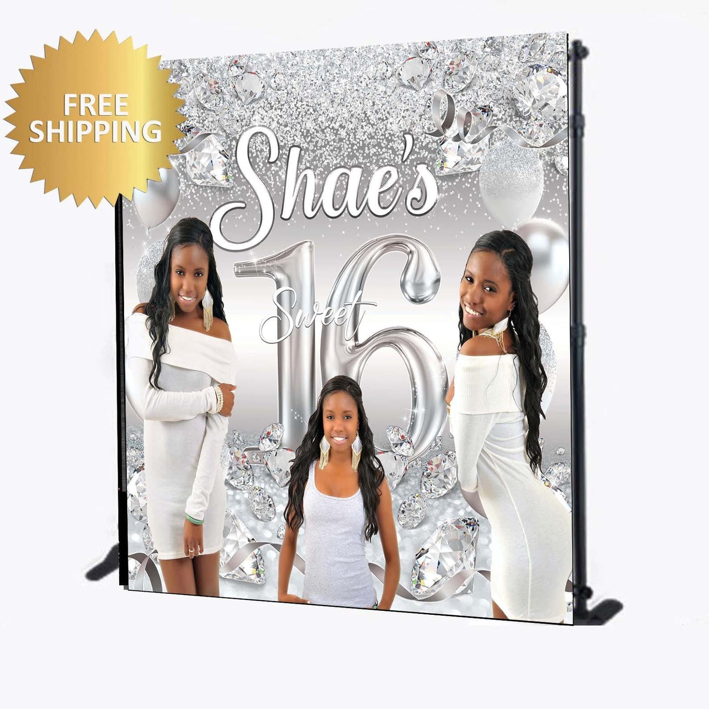 Custom backdrop, Sweet 16 backdrop, Winter wonderland backdrop, Silver and white, sweet 16 step and repeat, photo backdrop, birthday banner