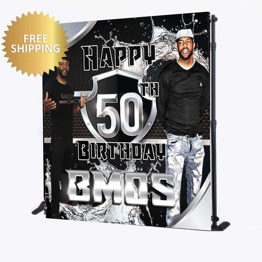 Photo backdrop, 50th birthday backdrop, Custom photo birthday backdrop, dirty 30 backdrop, black and silver backdrop. black silver repeat