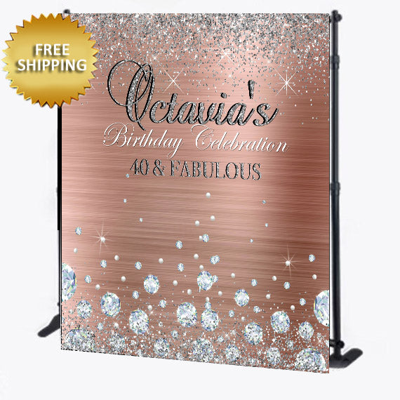 Birthday Rose Gold Diamond Theme Step and Repeat backdrop