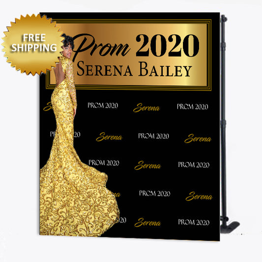 Black and gold 2020 prom step and repeat backdrop with photo