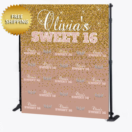 Sweet 16 Birthday Party Step and Repeat Backdrop - Rose Gold Glitter