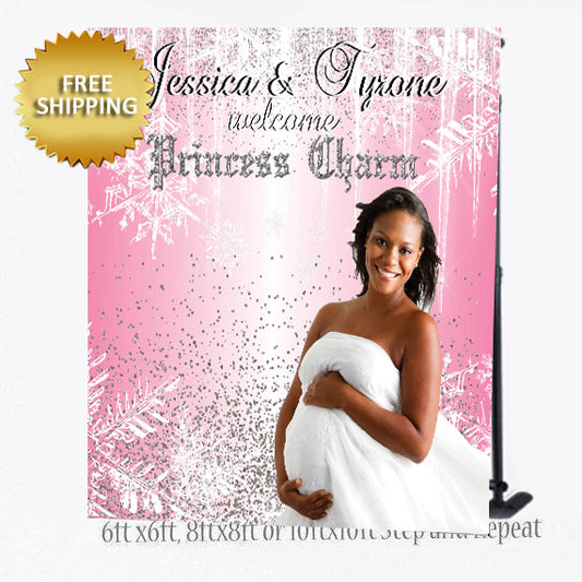 Snowflake Glitter Princess Baby Shower Step and Repeat Backdrop