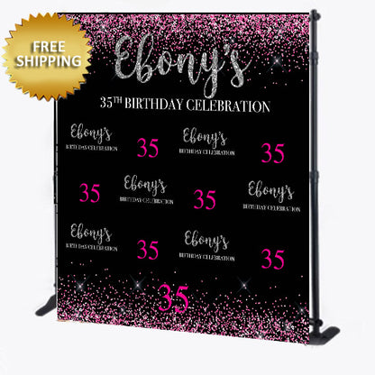 35th Birthday Pink and Silver Glitter Custom Step and Repeat Black Backdrop