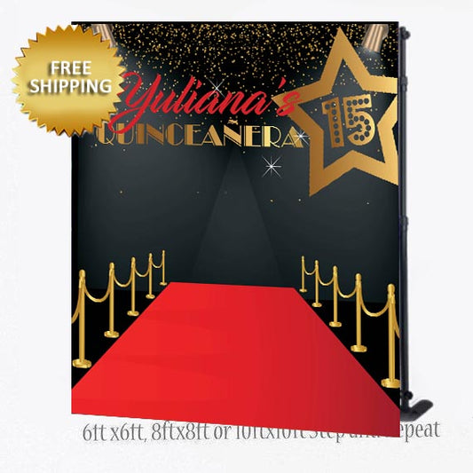 Quinceanera Hollywood red carpet birthday party step and repeat backdrop