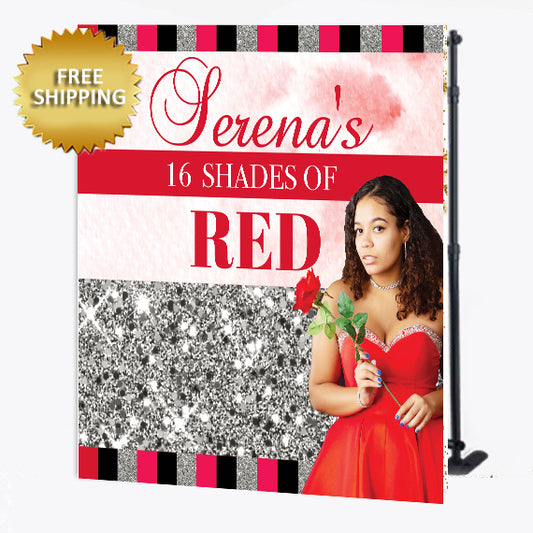 Sweet 16 Shades of Red Birthday Custom Step and Repeat Backdrop and Party Banners