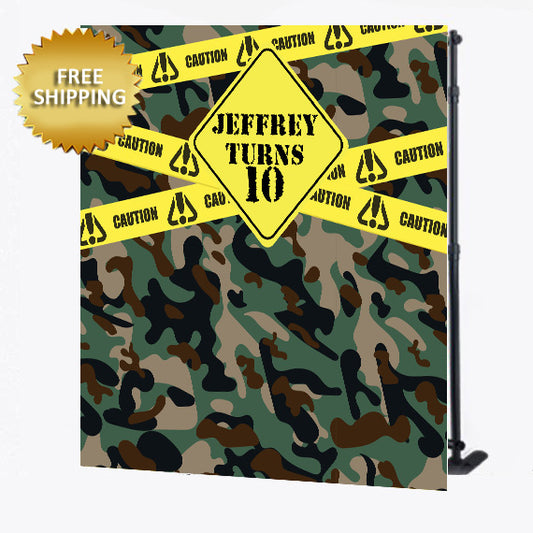Camouflage Army Caution Birthday Custom Step and Repeat Backdrop