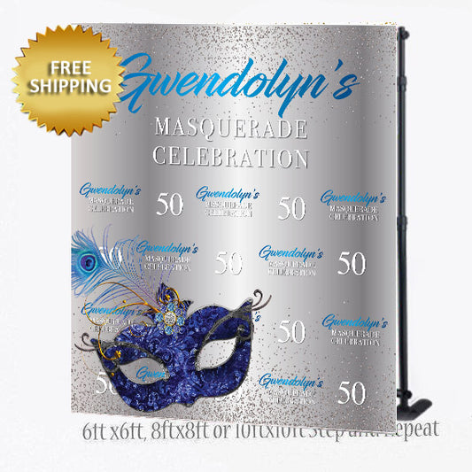 50th Birthday Party Mardi Gras Masquerade Step and Repeat Banner