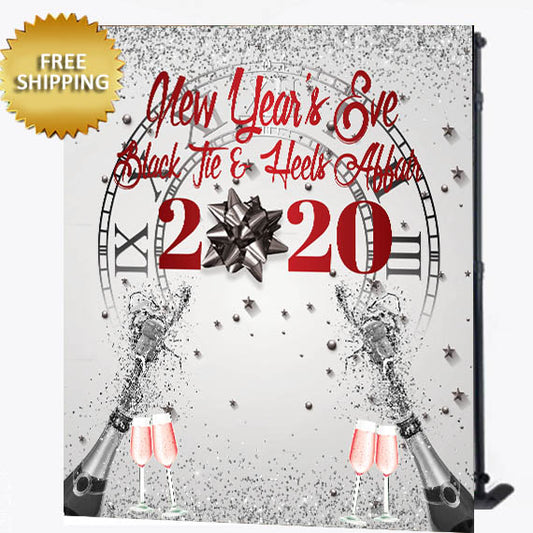 New Years 2020 Black Tie Heels Champagne Custom Step and Repeat Backdrop
