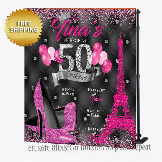 50th Birthday Black and Pink Glam Step and Repeat Custom Banner