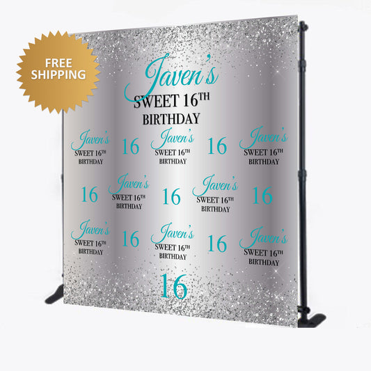Silver Sweet 16 Birthday Custom Step and Repeat Backdrop