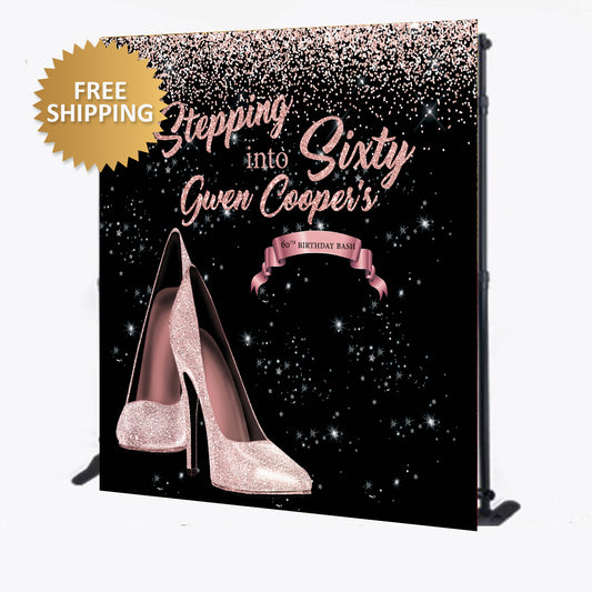 60th Birthday Pink Glitter Heels Custom Step and Repeat Backdrop