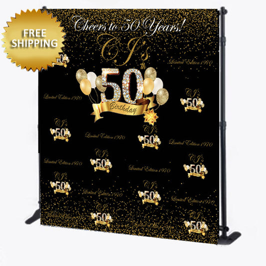 Cheers to 50years Step and Repeat Glitter Gold Backdrop