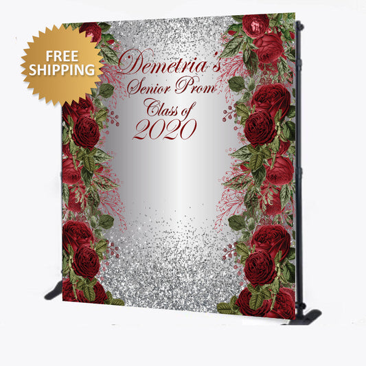 Prom 2020 Rose Theme custom step and repeat silver backdrop