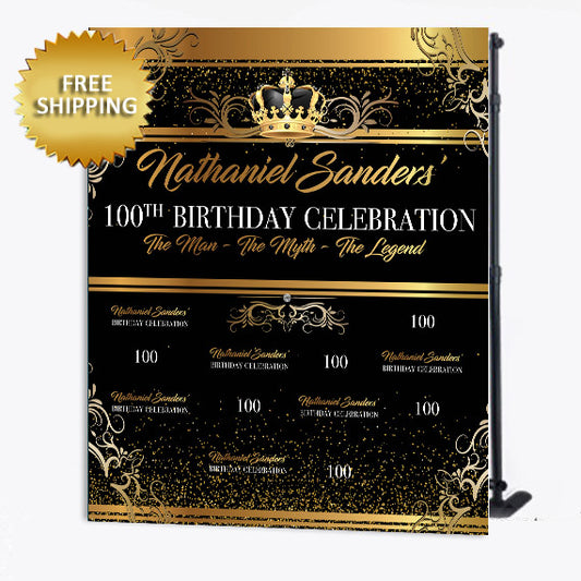 Royal Gold and Black 100th Birthday custom step and repeat custom backdrop