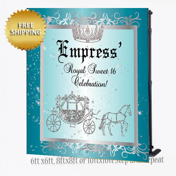 Sweet 16 Blue Horse and Carriage Princess Birthday Step and Repeat Backdrop