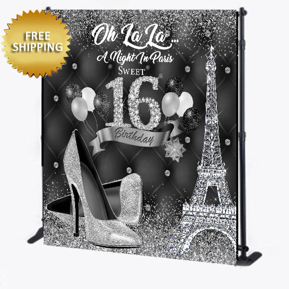 A Night In Paris Sweet 16th Birthday Custom Tufted Step and Repeat Backdrop