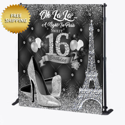A Night In Paris Sweet 16th Birthday Custom Tufted Step and Repeat Backdrop