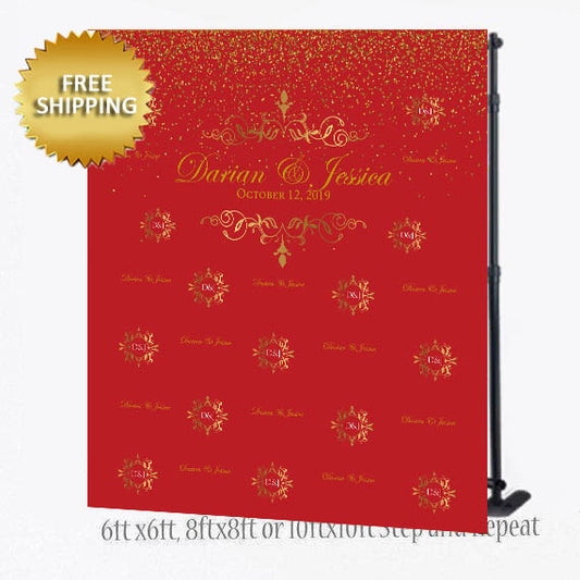 Red and Gold Elegant Wedding Step and Repeat Backdrop Banner