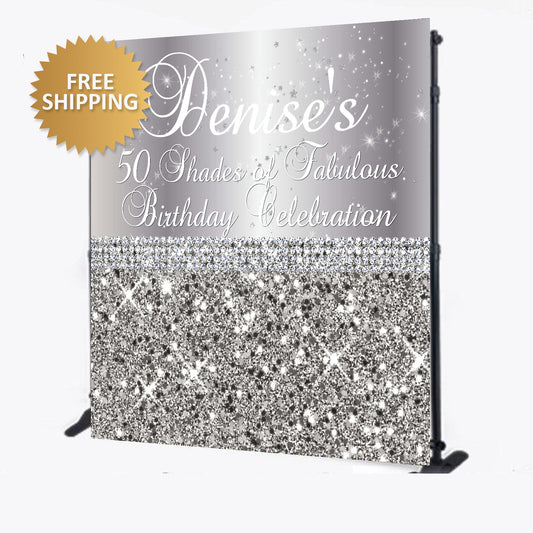 50th Birthday Silver Glitter and Glam Custom Step and Repeat Backdrop