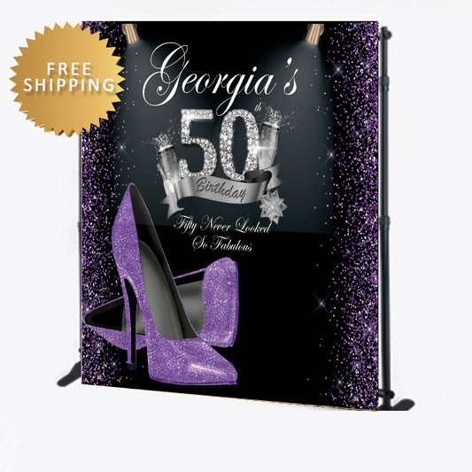 50th Birthday Purple Heel Glam Step and Repeat Custom Banner