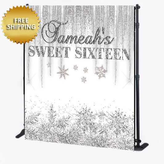 Sweet 16th Dripping Glitter Snowflake Birthday Custom Step and Repeat Backdrop