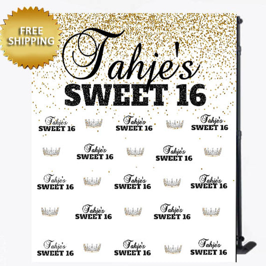 Gold Black and White Sweet 16 with crown Custom Step and Repeat Backdrop