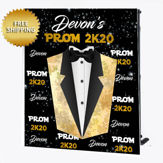 Black and Gold 2020 Prom tuxedo step and repeat backdrop
