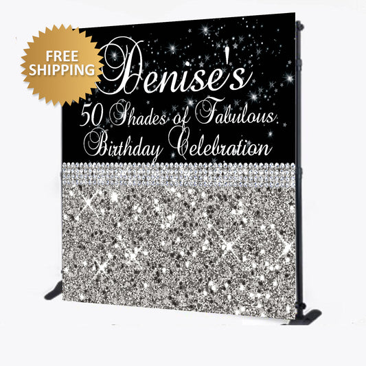50th Birthday Silver and Black Glitter and Glam Custom Step and Repeat Backdrop