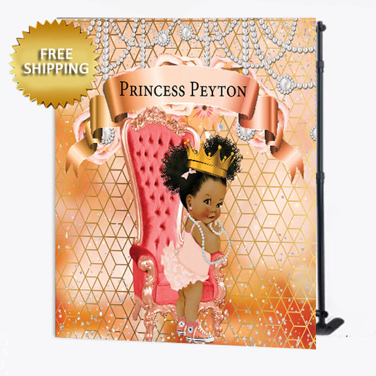 Princess Birthday with African American baby Custom Step and Repeat Backdrop