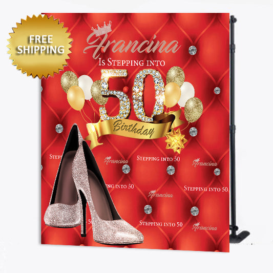 Stepping into Birthday With Red Heels Tufted Step repeat Backdrop