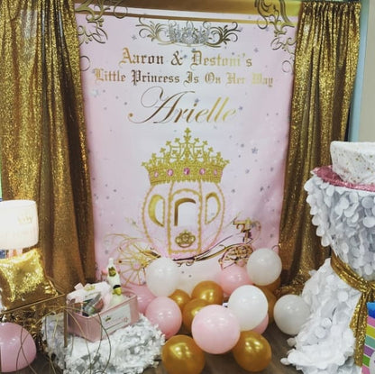 Princess baby shower step and repeat backdrop with African American baby girl