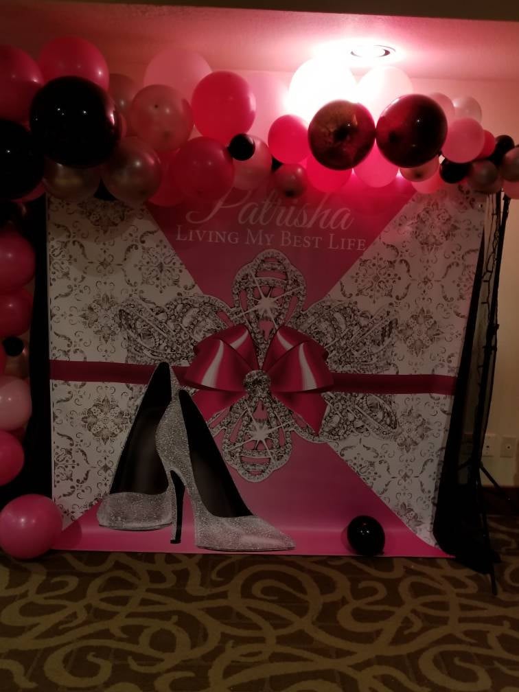 Hot Pink Birthday Step and Repeat backdrop with Heels