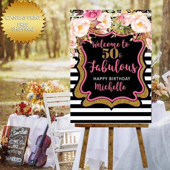Fabulous Birthday Boho Floral and Stripe Canvas Sign with Customized Message