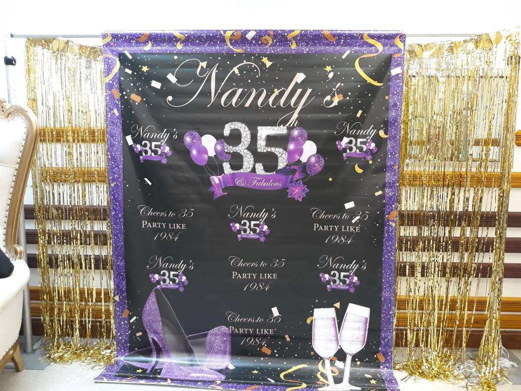 Stepping into 50 Birthday Black and Purple Custom Step and Repeat Backdrop