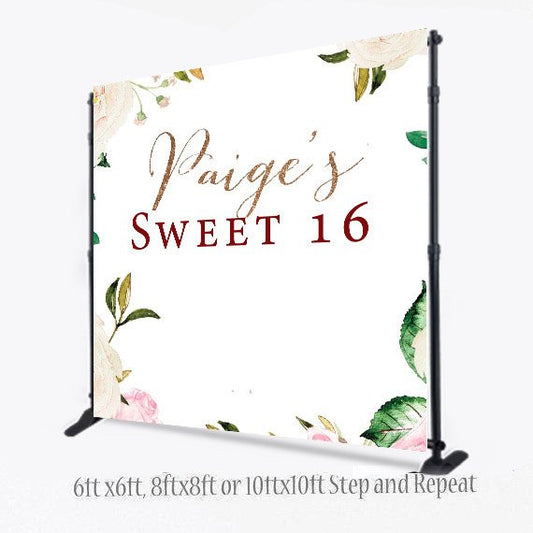 Custom 8X8 Photo Booth backdrop, Sweet 16, Floral Backdrop, custom Step and Repeat, Photo Booth, Printable Backdrop, Photobooth Props