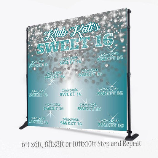 Custom 8X8 Photo Booth backdrop, custom Step and Repeat, Turquiose step and repeat, breakfast at, Sweet 16 Birthday, photo booth,Backdrop