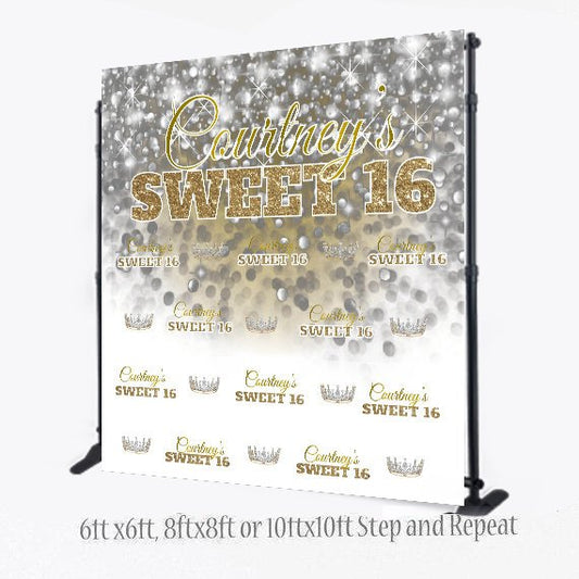 Custom 8X8 Photo Booth backdrop, Gold and silver Step and Repeat, Sweet 16 Birthday photo booth, Prom Backdrop, Printable Backdrop, Backdrop
