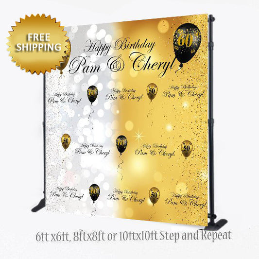 Step and Repeat Backdrop, 50th Birthday backdrop, 60th Birthday backdrop, Custom Backdrop, Photo Props, Step and repeat, Gold and Black