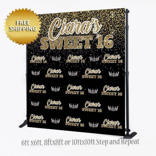Sweet 16 Backdrop, Step and repeat backdrop, Birthday Backdrop, Black and gold backdrop,  Birthday Step and Repeat, Photo Props,  Wedding