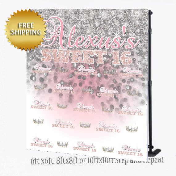 Pink Step and Repeat backdrop, Pink and Silver Step and Repeat, Sweet 16 Birthday photo booth, Tiara Backdrop, Printable Backdrop, Backdrop