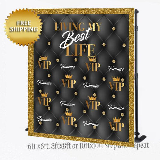 50th Birthday Step and Repeat, Tufted Backdrop, Living my Best Life Birthday Backdrop, Photo Props, Photo Booth Step and Repeat Backdrop