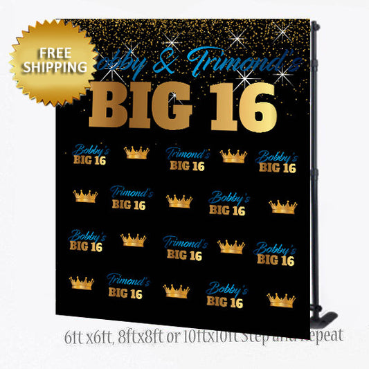 Blue and Gold 16th Birthday Backdrop, Blue and Gold Step and Repeat, Sweet 16  photo booth, Birthday Backdrop, Printable Backdrop, Backdrop