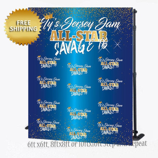 Sweet 16 Step and Repeat backdrop, Blue and gold Backdrop, 16th Birthday Backdrop, Sweet 16 Male Step and Repeat Backdrop, Prom Backdrop