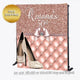 Rose Gold Step and Repeat tufted backdrop with rose gold heels